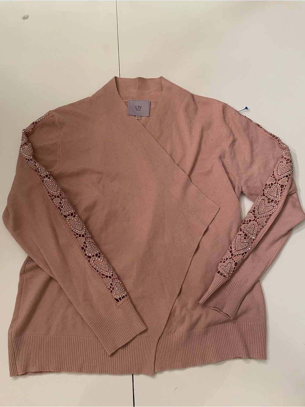 LIV Blush tan Crochet-Trim Open Cardigan
